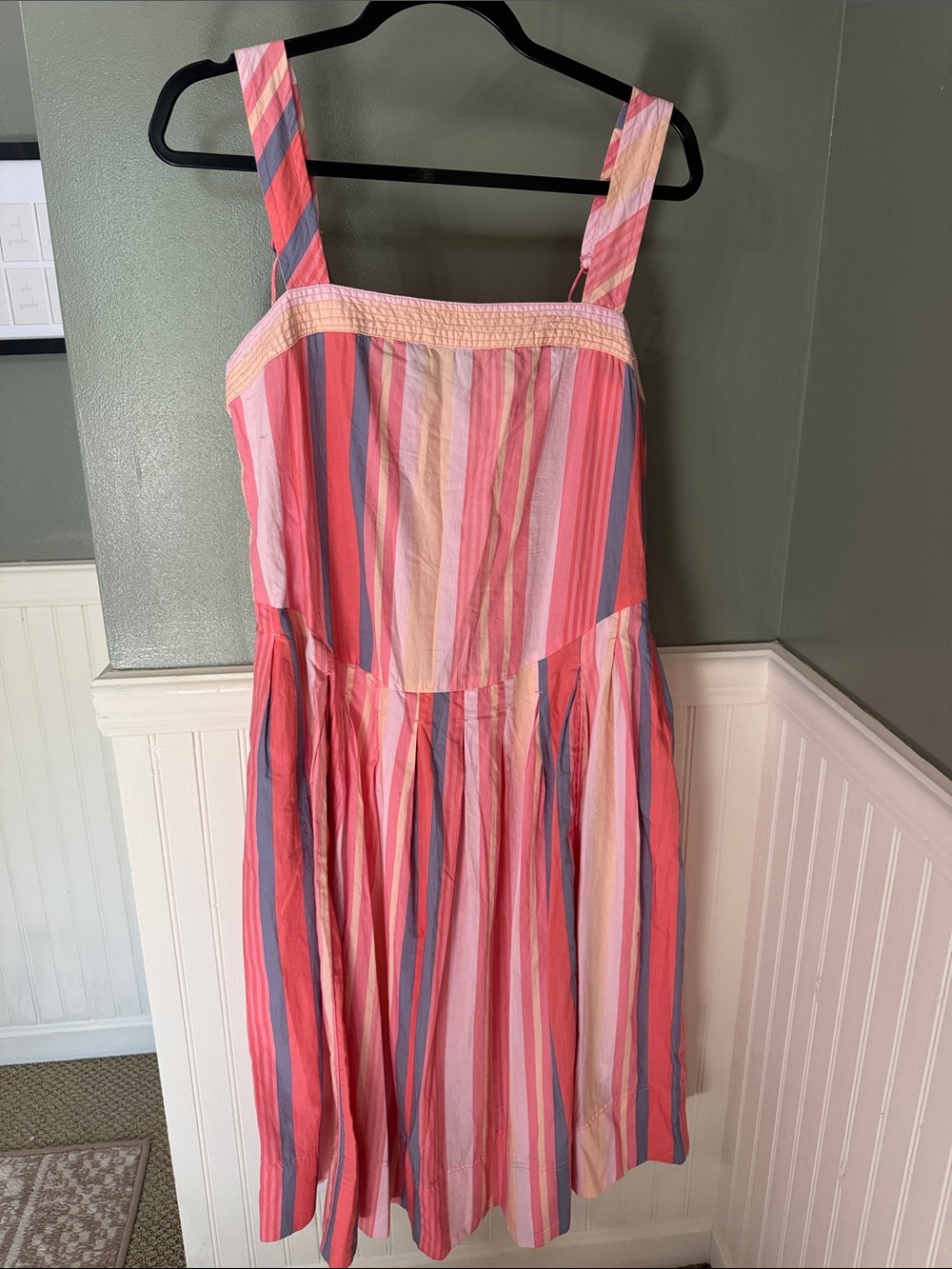 Free People Striped Pink & Coral Midi Dress with Blue Accents Pockets